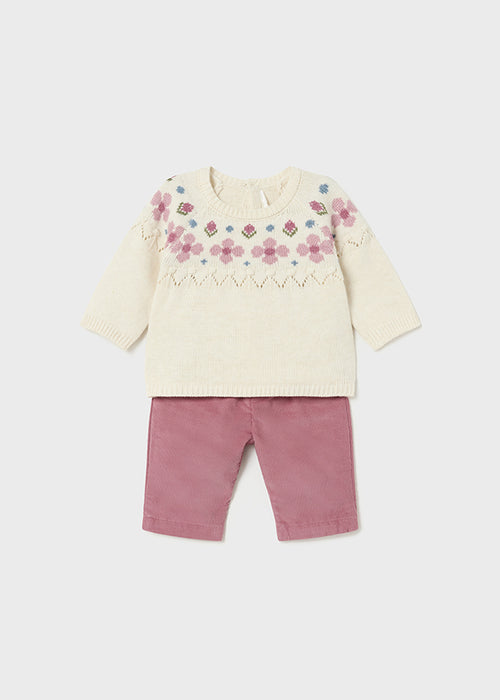 Rose Nordic Blooms Knit Sweater and Corduroy Pant Set