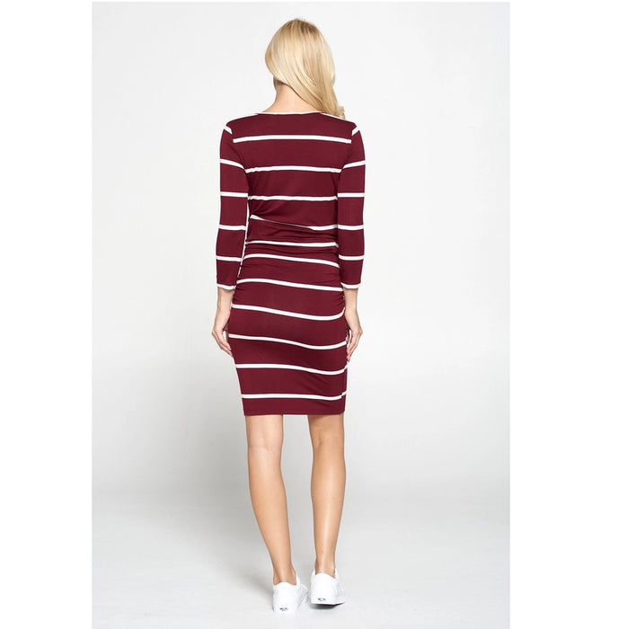 Burgundy Striped 3/4 Length Sleeve Dress