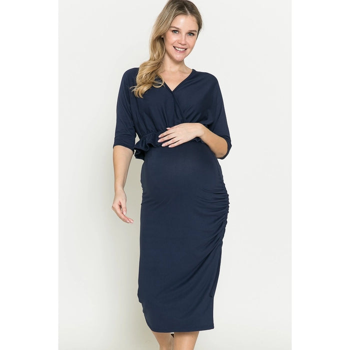 Navy Maternity Half Sleeve Ruched Ruffle Top & Skirt