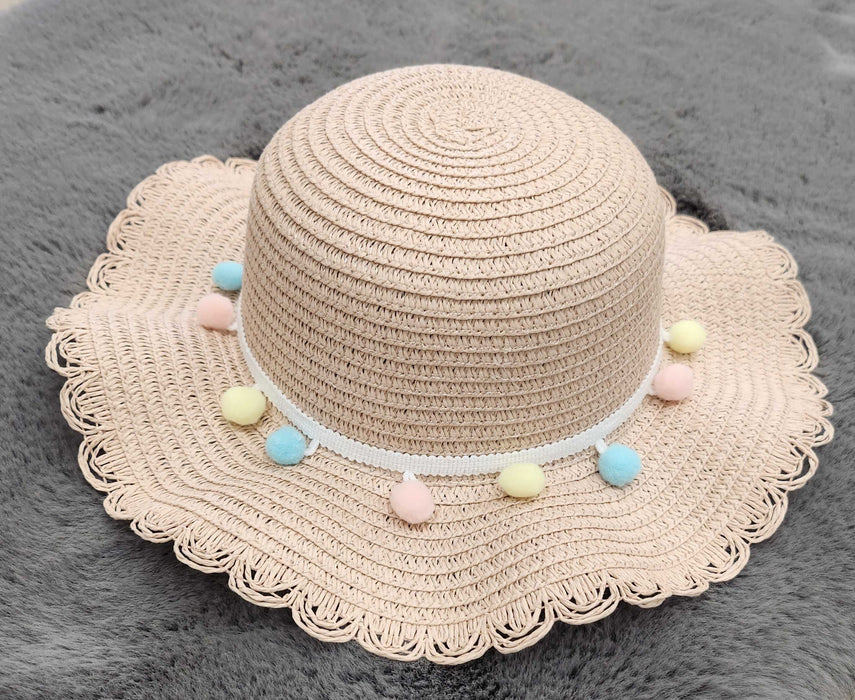 PomPom Beige Straw Sun Hat