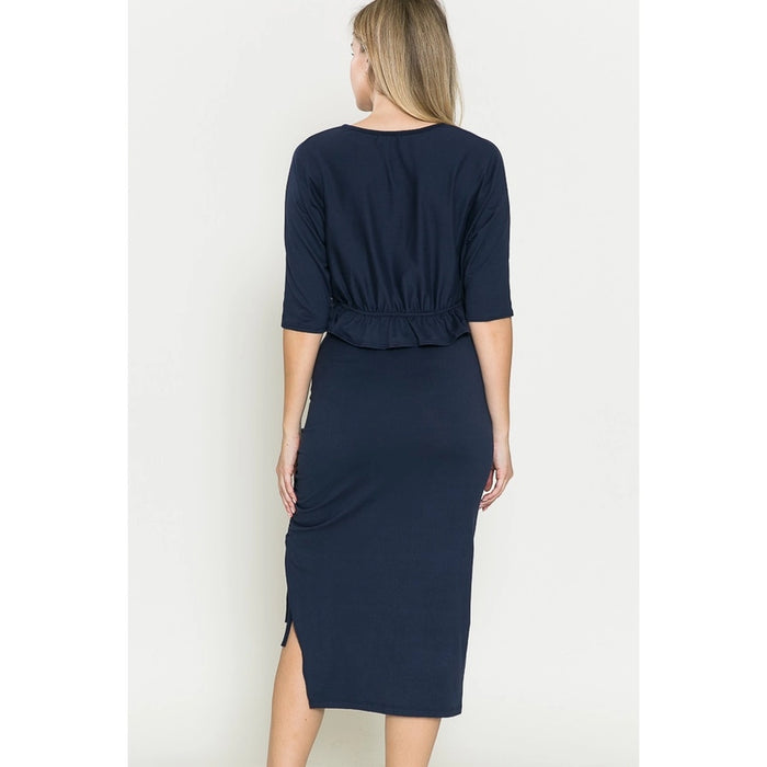 Navy Maternity Half Sleeve Ruched Ruffle Top & Skirt