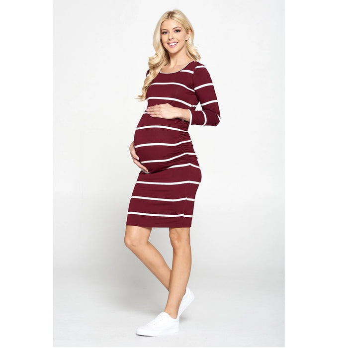 Burgundy Striped 3/4 Length Sleeve Dress