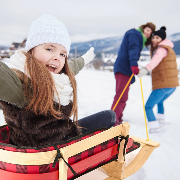 Wooden Snow Sled with Cushion Seat and Pulling Rope Toboggan