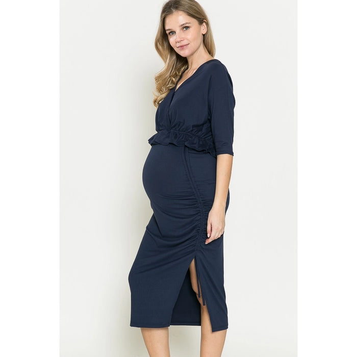 Navy Maternity Half Sleeve Ruched Ruffle Top & Skirt