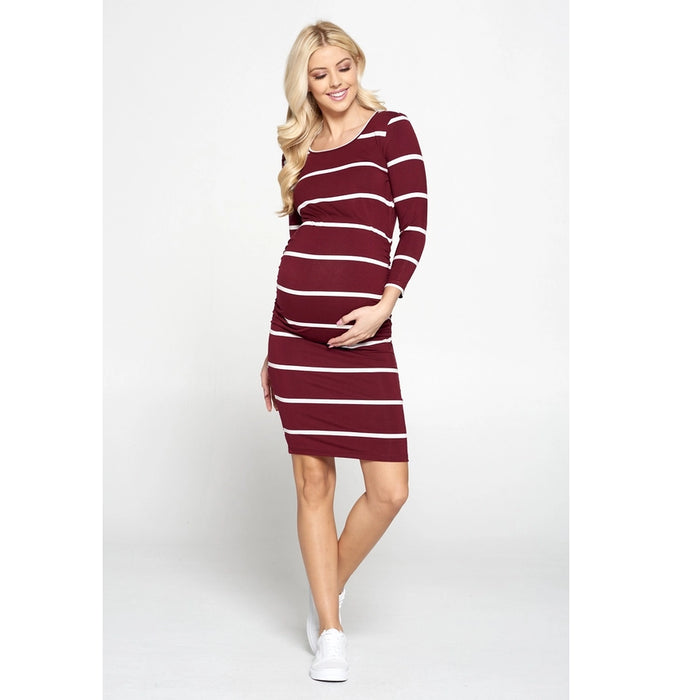 Burgundy Striped 3/4 Length Sleeve Dress