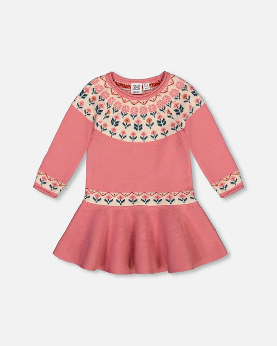 Light Pink Intarsia Flowers Knit Dress