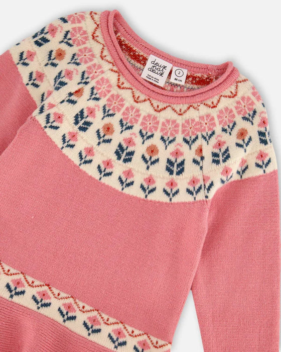 Light Pink Intarsia Flowers Knit Dress