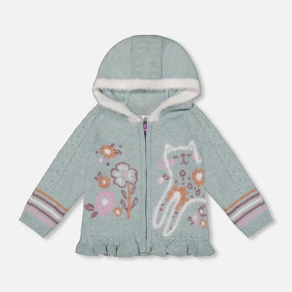 Cats Turquoise Jacquard Knit Hooded Cardigan