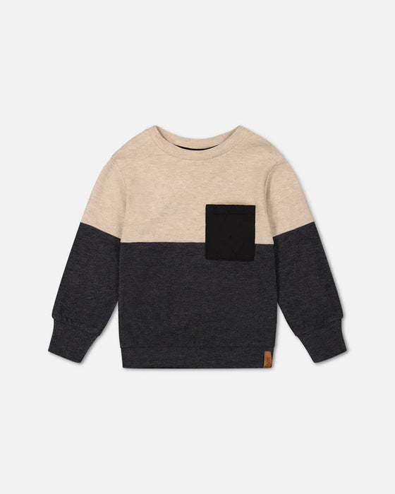 Beige & Black Colorblock Sweater with Quilted Pocket