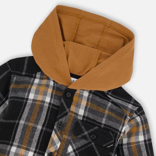 Black & Caramel Hooded Flannel Button Down Shirt