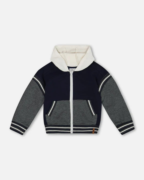 Navy & Gray Full Zip Hooded Fleece Jacket