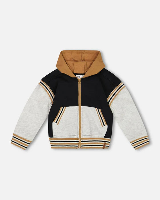 Black & Beige Full Zip Hooded Fleece Jacket