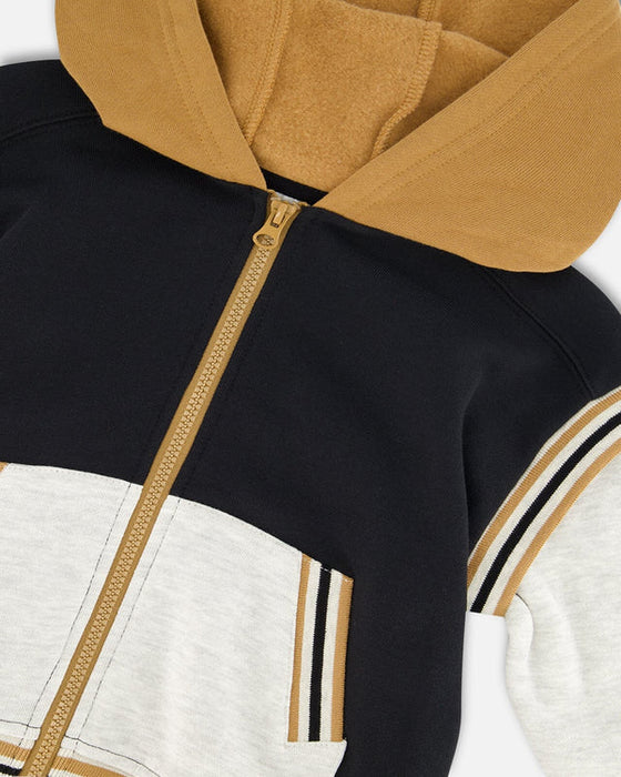 Black & Beige Full Zip Hooded Fleece Jacket