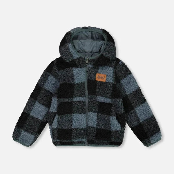 Blue & Black Plaid Reversible Sherpa Jacket