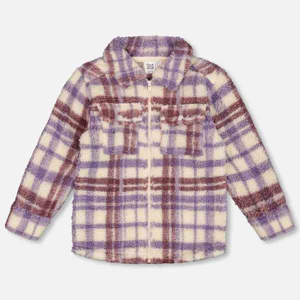 Zip Front Sherpa Overshirt Plaid Purple And White