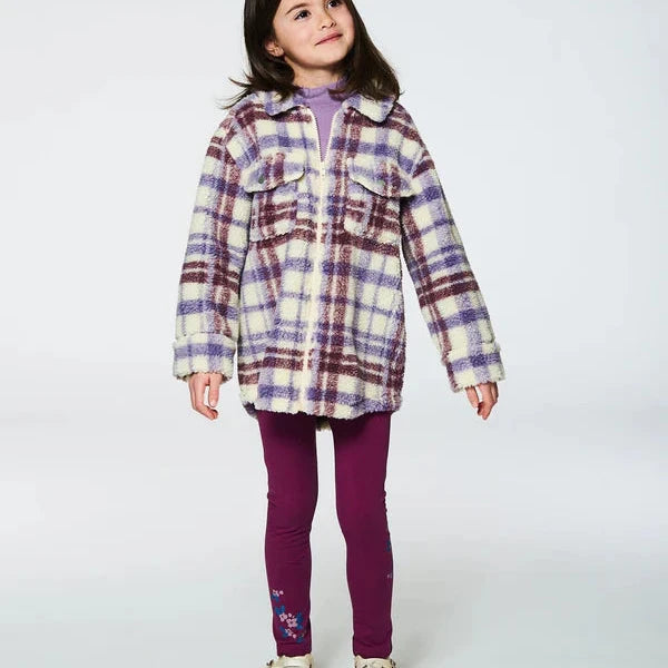 Zip Front Sherpa Overshirt Plaid Purple And White