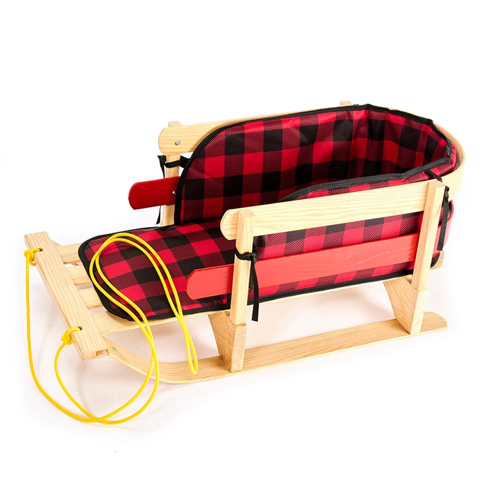 Wooden Snow Sled with Cushion Seat and Pulling Rope Toboggan