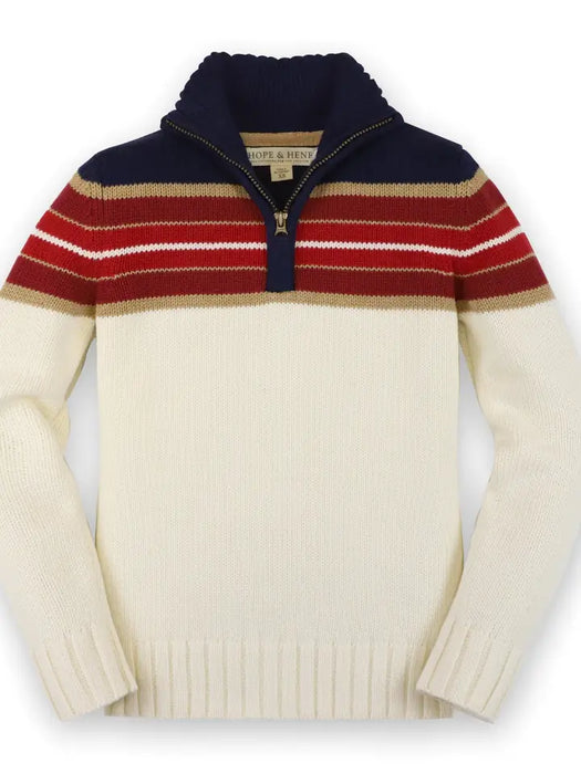 Half Zip Pullover Sweater Navy, Red, and Ivory Yoke Stripe