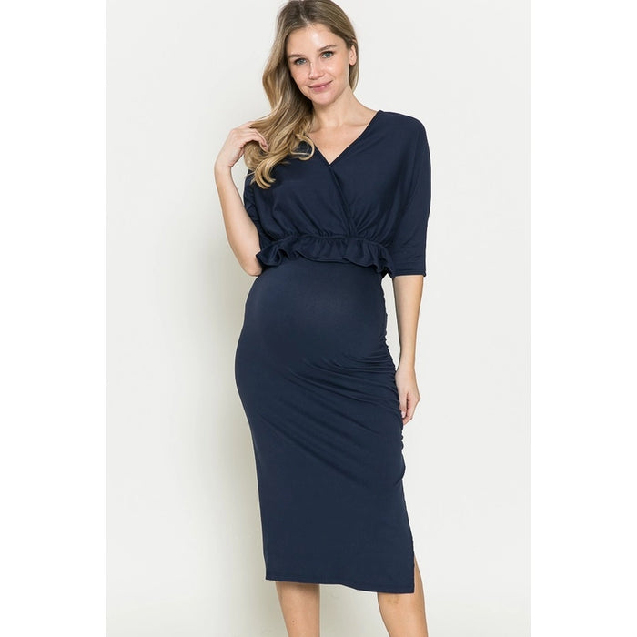 Navy Maternity Half Sleeve Ruched Ruffle Top & Skirt