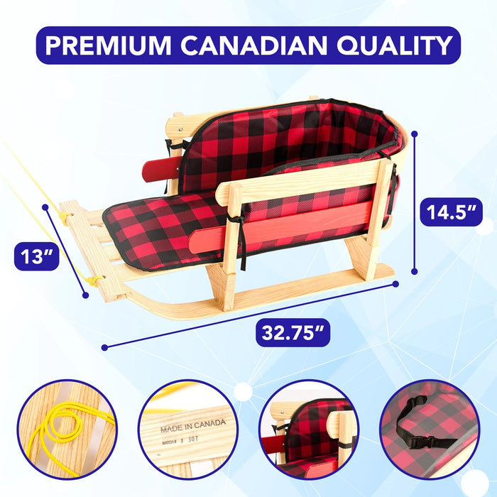 Wooden Snow Sled with Cushion Seat and Pulling Rope Toboggan