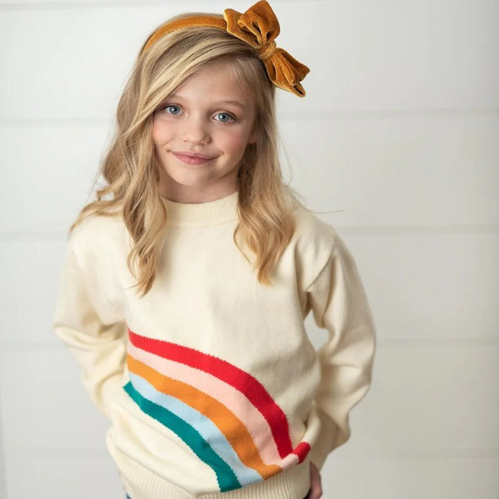 Kids Cream Ivory Rainbow Crew Neck Fall Sweater