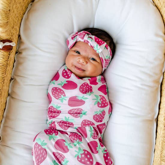 Strawberries Bamboo Swaddle & Headband Gift Set | Little Sleepies