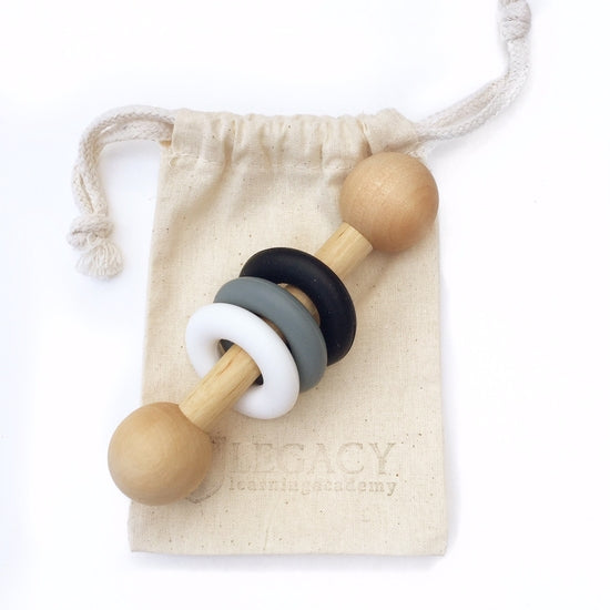 Monochrome Silicone & Wood Rattle | Legacy Learning Academy