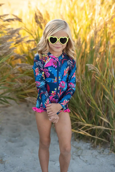 Navy Tropical Floral Zip One Piece Rashguard