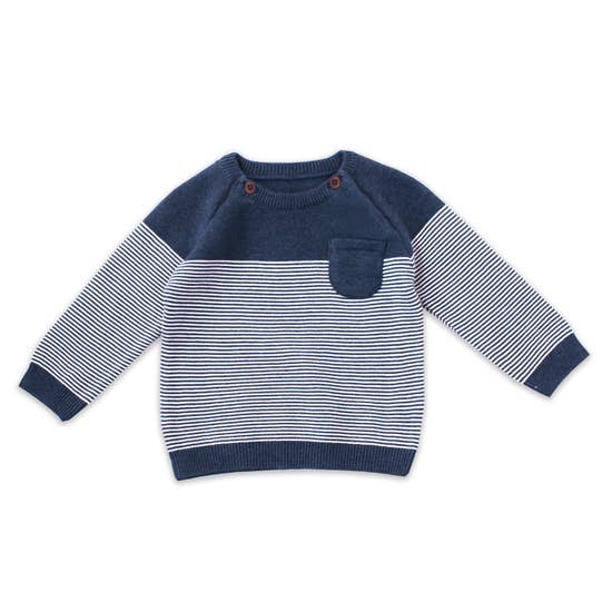 Indigo Heather Stripe Organic Raglan Pullover Knit Sweater | Viverano Organics