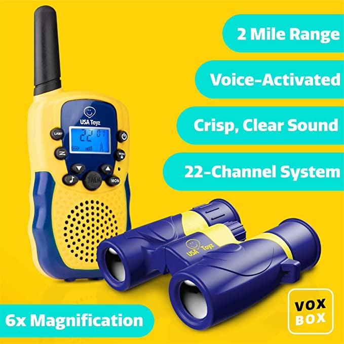 Explorer  Pack Yellow And Blue Vox Box Walkie Talkies and Binoculars | USA Toyz