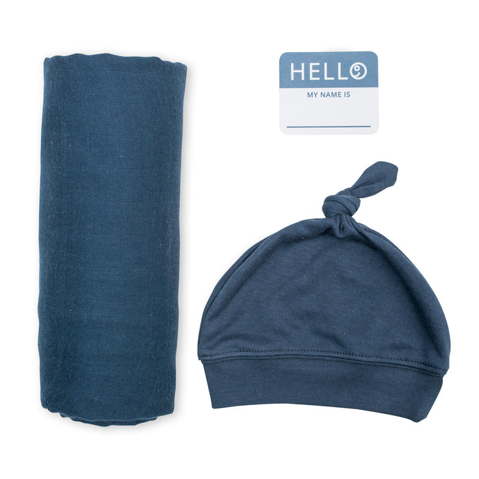 Navy Hello World Swaddle & Hat Set