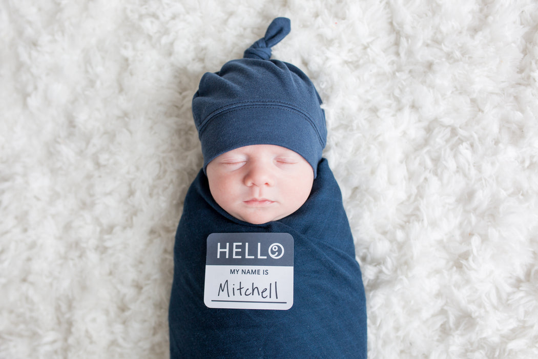 Navy Hello World Swaddle & Hat Set