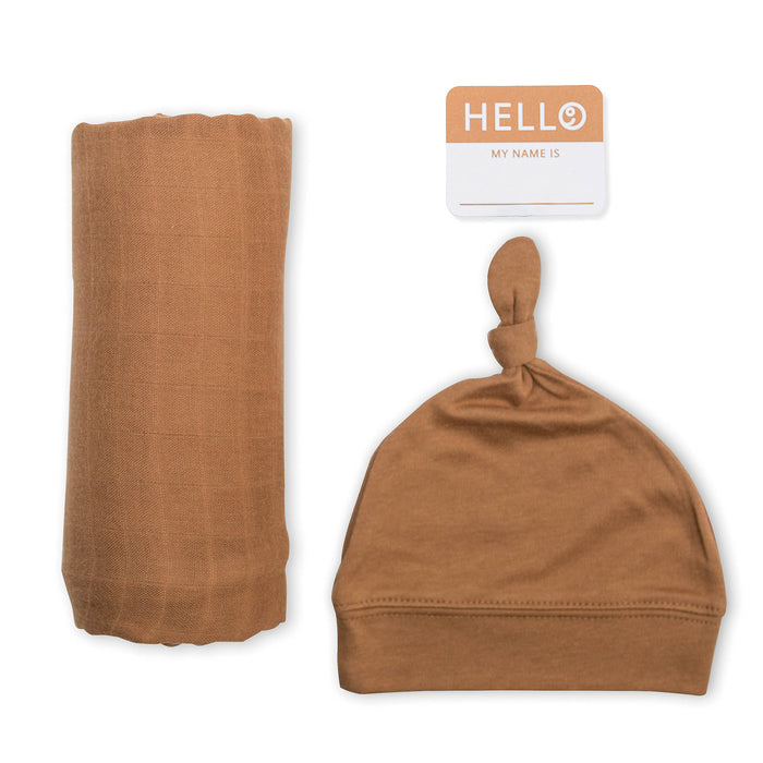 Tan Hello World Swaddle & Hat Set