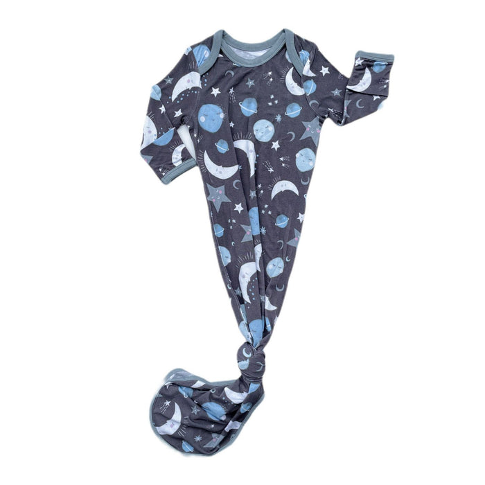 Blue To the Moon & Back Bamboo Infant Knotted Gown | Little Sleepies