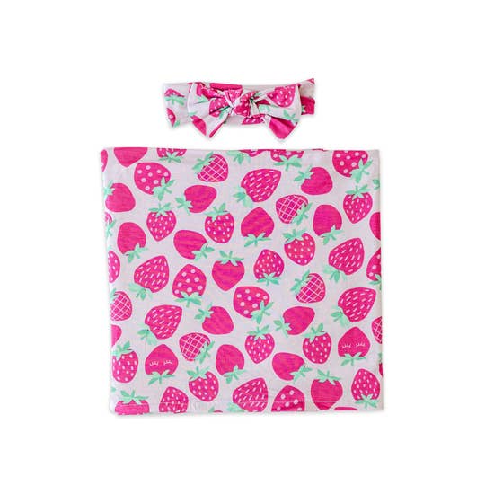 Strawberries Bamboo Swaddle & Headband Gift Set | Little Sleepies