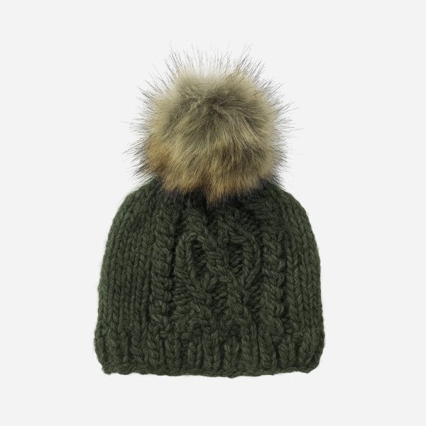 Rifle Green Cable Knit Hat with Pom | The Blueberry Hill