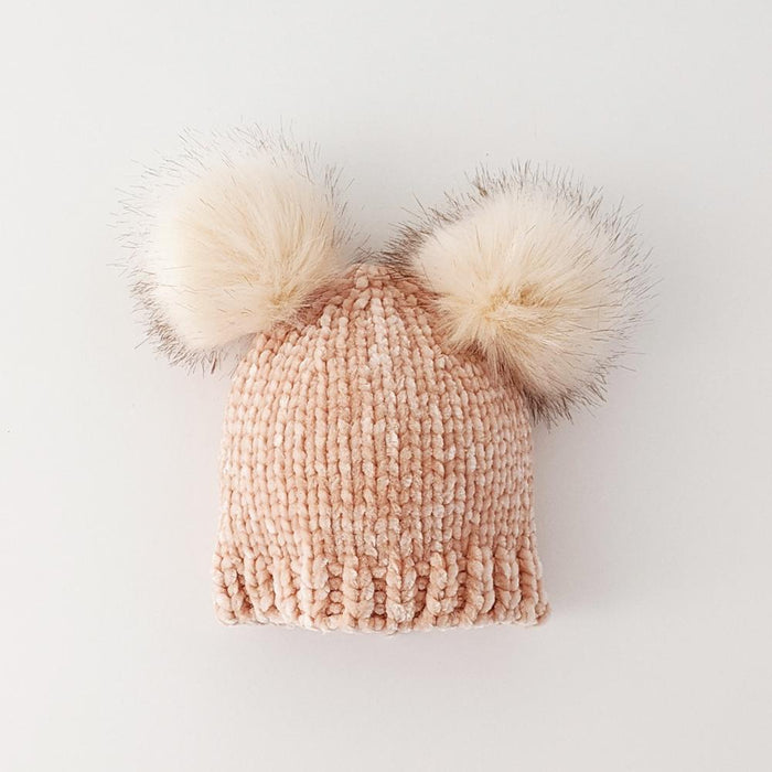 Champagne Chenille Pom Pom Beanie Hat