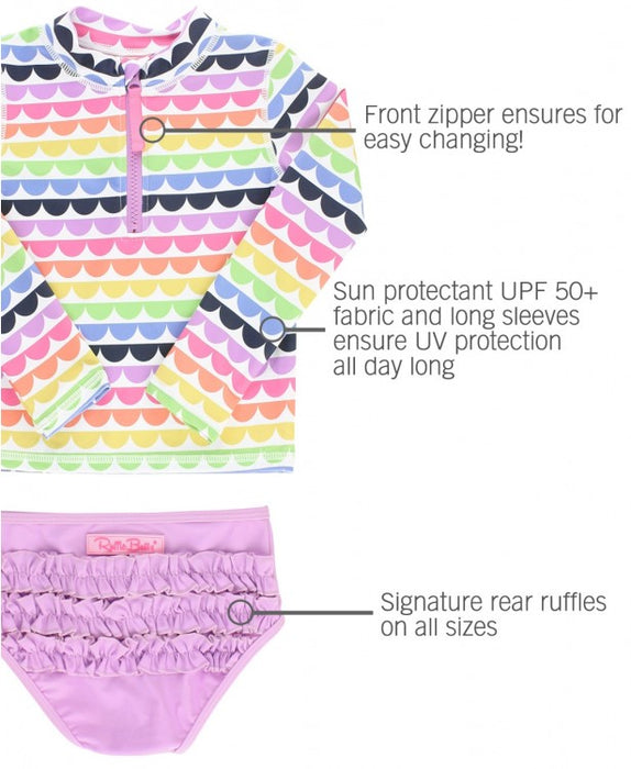 Rainbow Scallop Long Sleeve Zipper Rashguard Bikini | Ruffle Butts