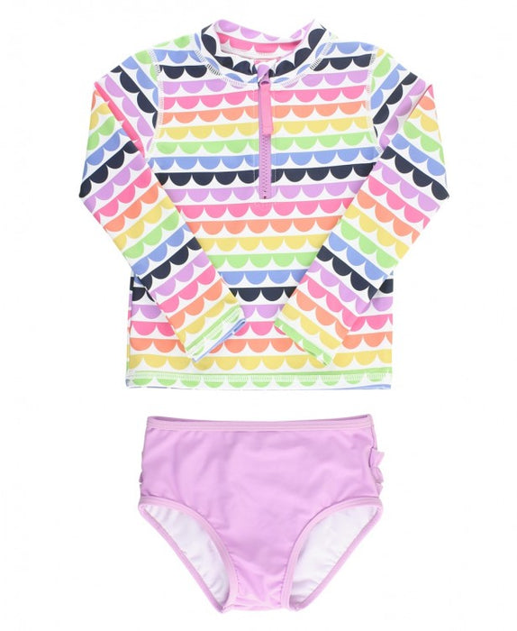 Rainbow Scallop Long Sleeve Zipper Rashguard Bikini | Ruffle Butts