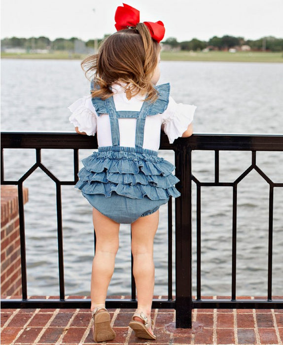 Light Wash Denim Flutter Overall Romper | Ruffle Butts