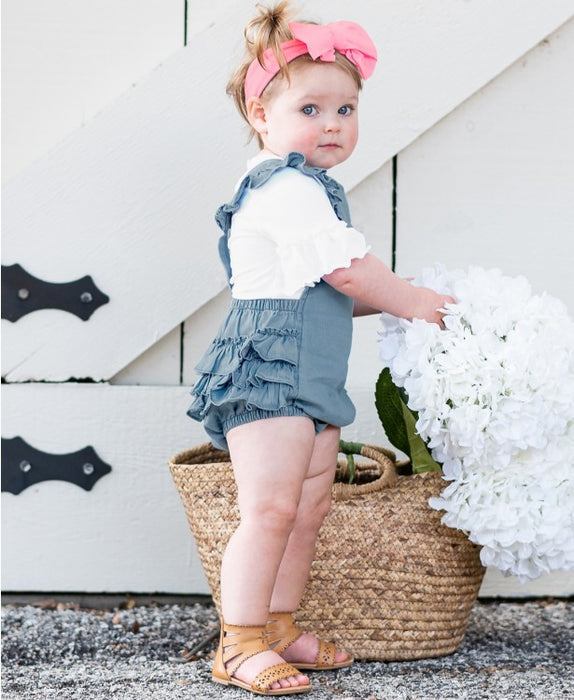 Light Wash Denim Flutter Overall Romper | Ruffle Butts