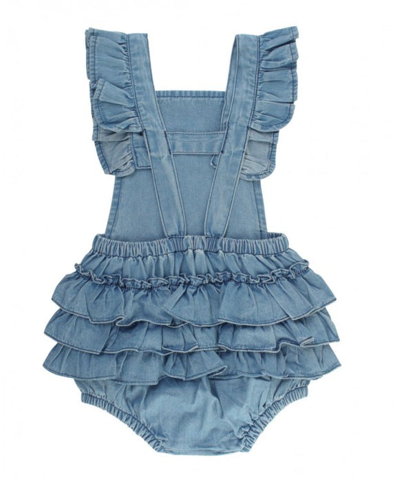 Light Wash Denim Flutter Overall Romper | Ruffle Butts